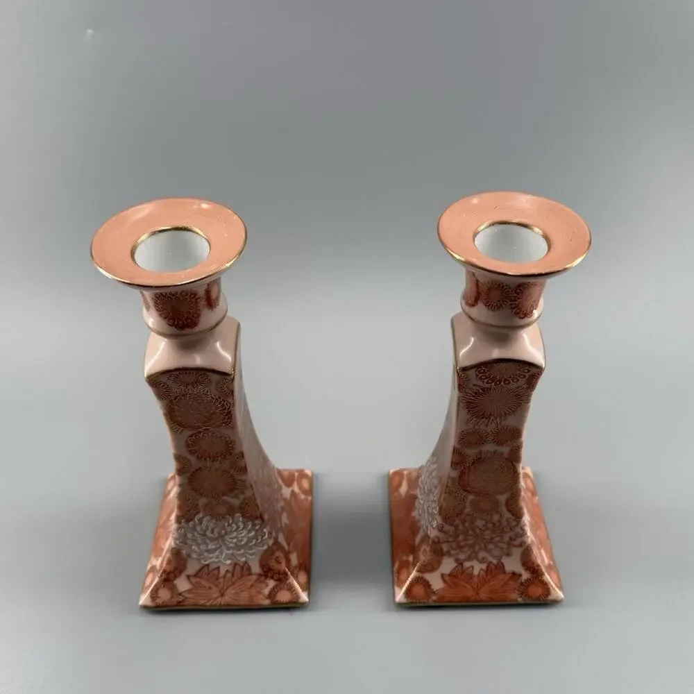 Vintage Andrea by Sadek 7763 Candlesticks Pair Orange Floral Gold Porcelain